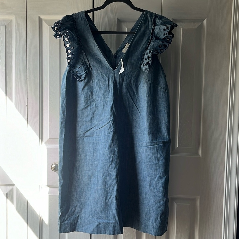 J. Crew Blue Sleeveless Dress with Eyelet Ruffle